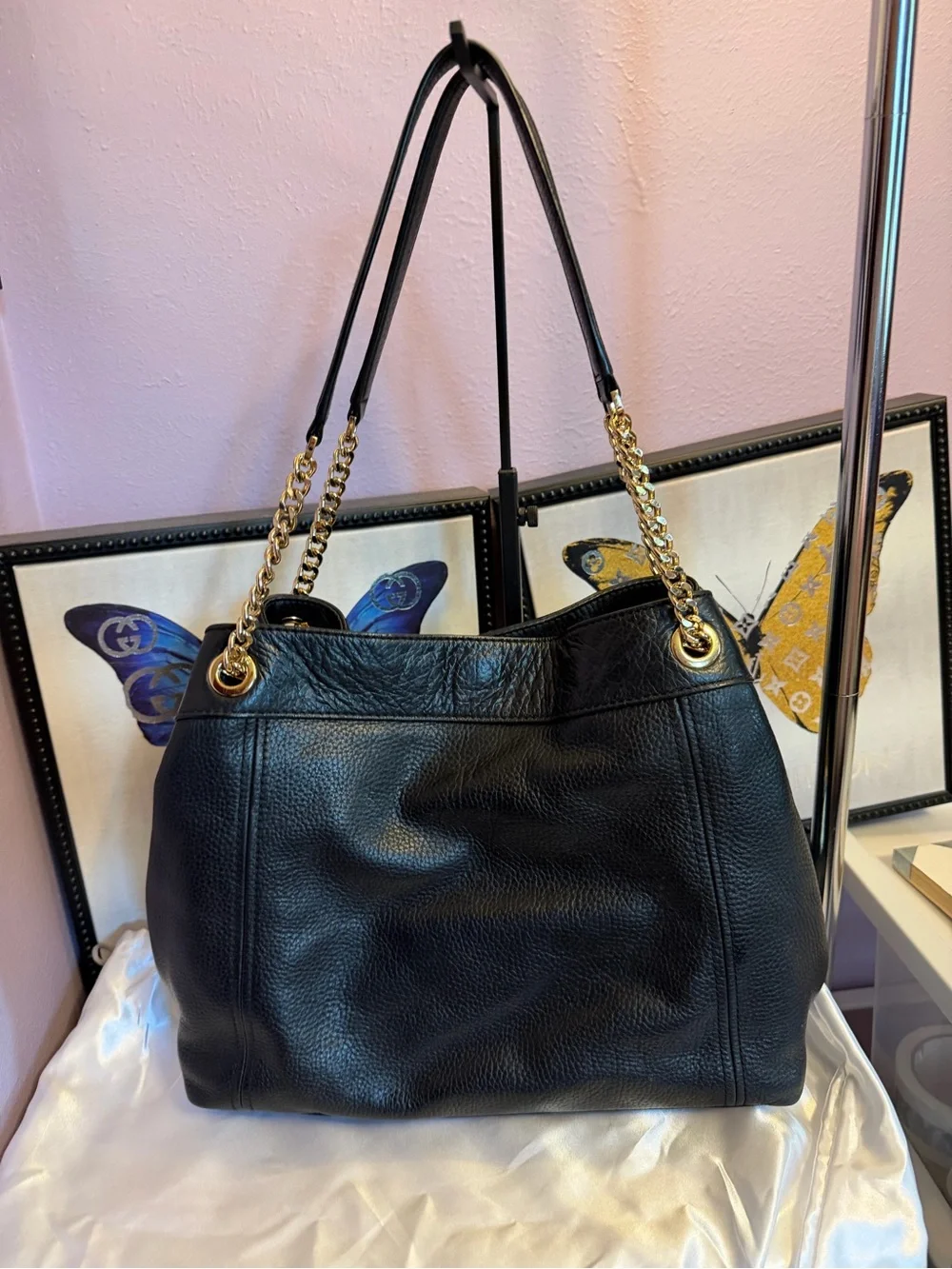 Michael Kors Black Pebbled Leather Shoulder Bag with Gold Chain Straps